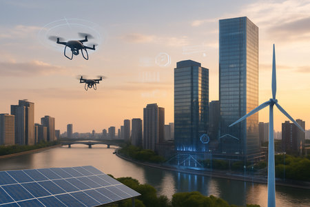 Drone Flying Over Smart City At Sunset 051125の素材