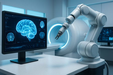 Robotic Arm Operating Next To Ai Monitor 051125の素材