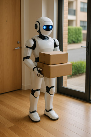 Delivery Robot Holding Package In House 051125の素材