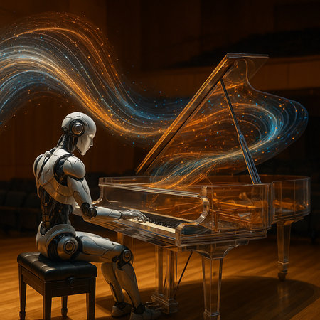 Humanoid Robot Playing Piano In Concert Hall 051125の素材