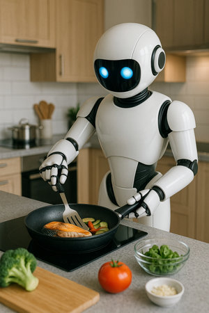 Robot Cooking Healthy Food In Kitchen 051125の素材
