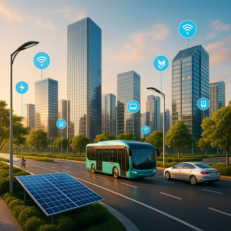 Smart City With Solar Panels And Ev Buses 051125の素材