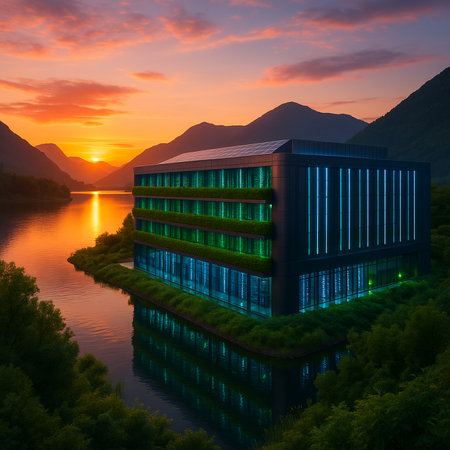 Futuristic Building Reflecting On Lake At Sunset 081125の素材
