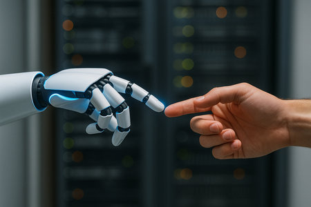 Human And Robot Touching Fingers In Server Room 081125の素材