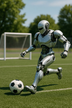 Robot Kicking Soccer Ball On Field 081125の素材