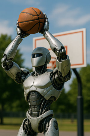 Robot Playing Basketball Outdoors 081125の素材