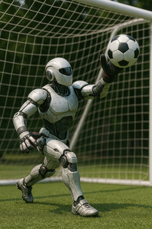 Robot Goalkeeper Catching Soccer Ball 081125の素材