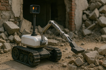 Robot In Destroyed Building With Laptop 081125の素材