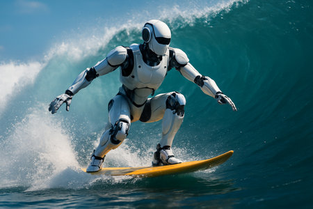 Robot Surfing On Blue Wave Closeup 091125の素材