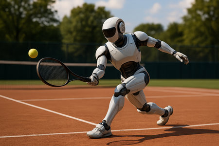 Robot Serving Tennis Ball Outdoors 091125の素材