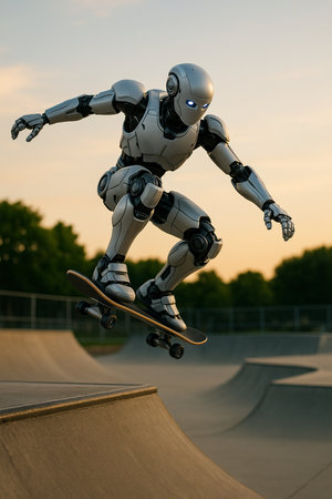 Robot Skateboarding On Skatepark Ramp 091125の素材