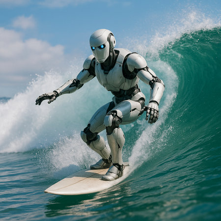 Robot Surfing In Turquoise Ocean 091125の素材
