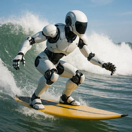Robot Balancing On Surfboard In Sea 091125の素材