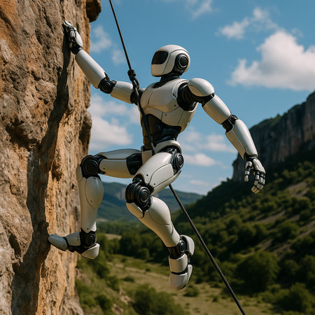 Robot Climbing Rock Wall In Mountains 091125の素材