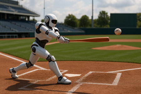 Robot Hitting Baseball On Field 091125の素材