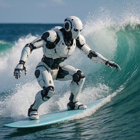 Robot Surfing In Blue Ocean Wave 091125の素材