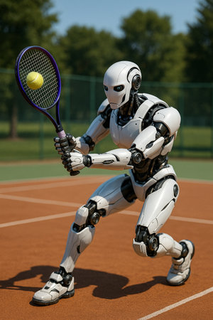 Robot Hitting Tennis Ball Closeup 091125の素材