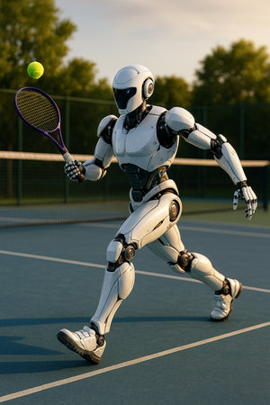 Robot Running During Tennis Match 091125の素材