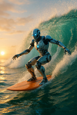 Robot Surfing In Sunset Wave 091125の素材