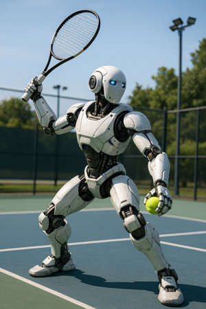 Robot Hitting Tennis Ball With Racket 091125の素材