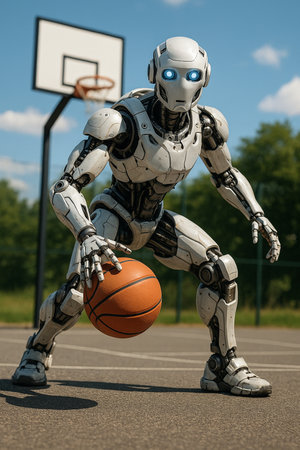 Robot Dribbling Basketball Outdoors 091125の素材