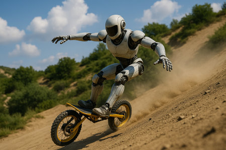 Robot Riding Bike On Dusty Trail 091125の素材