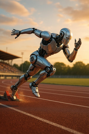 Robot Running On Track At Sunset 091125の素材