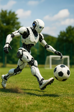 Robot Kicking Soccer Ball During Match 091125の素材