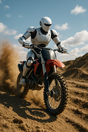 Robot Riding Dirt Bike On Sand 091125の素材