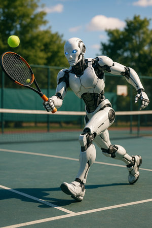 Robot Playing Tennis On Court 091125の素材