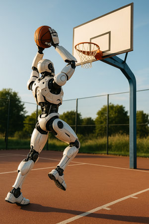 Robot Playing Basketball Outdoor Court 091125の素材