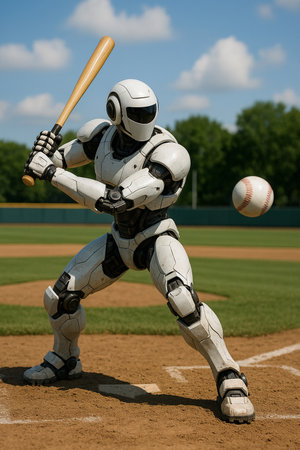 Robot Playing Baseball On Diamond 091125の素材