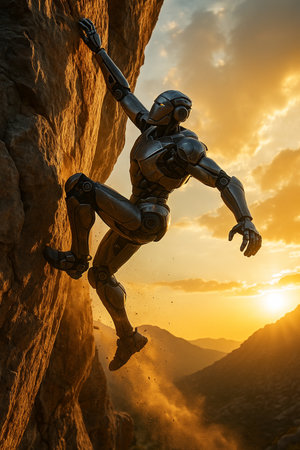 Robot Climbing Rock Wall At Sunset 091125の素材