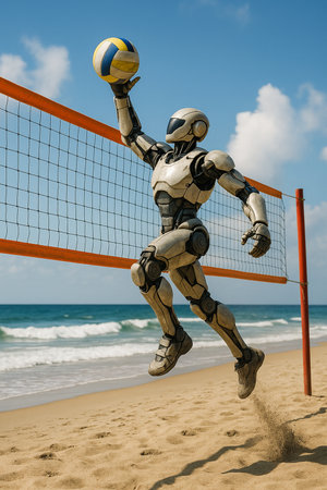 Robot Playing Volleyball On Beach 091125の素材
