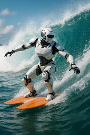 Robot Surfing On Ocean Wave 091125の素材