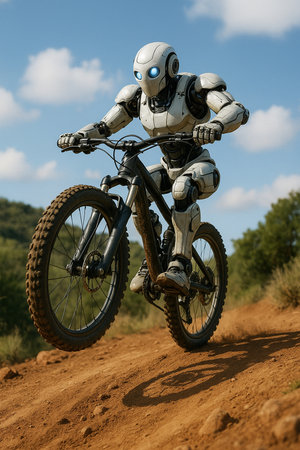 Robot Cycling On Mountain Trail 091125の素材