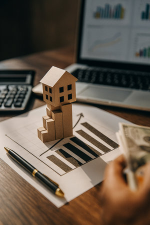 Wooden House On Financial Documents Coins 040625の素材