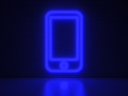 A blue Neon Sign in Form of a Cellphone on a Wall of Concrete