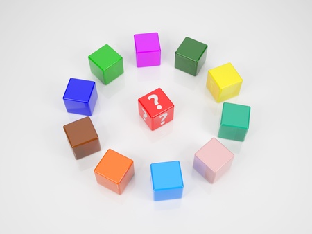 A red Cube with Question Mark in Center of several colored Cubes - A Symbol for Question, Answer and the right Decisionの写真素材