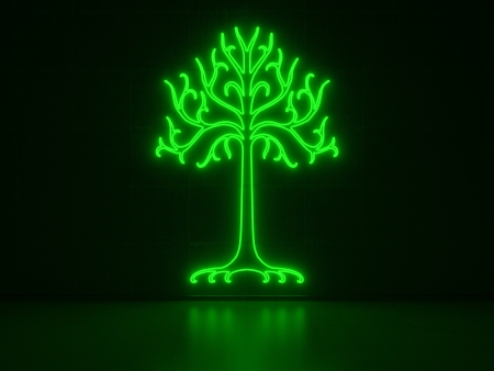 A green Neon Sign in Form of a Tree on a Wall of Concrete