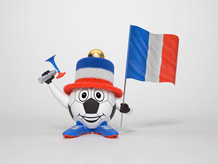 A cute and funny soccer character holding the national flag of France and a horn dressed in the colors of France on bright background supporting his teamの写真素材