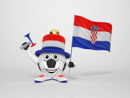 A cute and funny soccer character holding the national flag of Croatia and a horn dressed in the colors of Croatia on bright background supporting his teamの写真素材