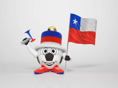 A cute and funny soccer character holding the national flag of Chile and a horn dressed in the colors of Chile on bright background supporting his teamの写真素材