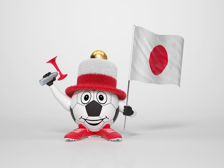 A cute and funny soccer character holding the national flag of Japan and a horn dressed in the colors of Japan on bright background supporting his teamの写真素材