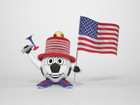 A cute and funny soccer character holding the national flag of the United States and a horn dressed in the colors of the United States on bright background supporting his teamの写真素材