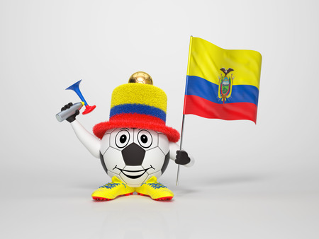 A cute and funny soccer character holding the national flag of Ecuador and a horn dressed in the colors of Ecuador on bright background supporting his teamの写真素材