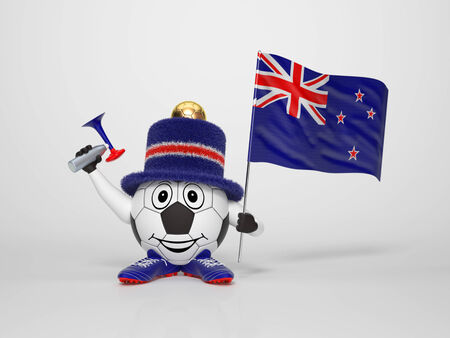 A cute and funny soccer character holding the national flag of New Zealand and a horn dressed in the colors of New Zealand on bright background supporting his teamの写真素材