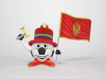 A cute and funny soccer character holding the national flag of Montenegro and a horn dressed in the colors of Montenegro on bright background supporting his teamの写真素材