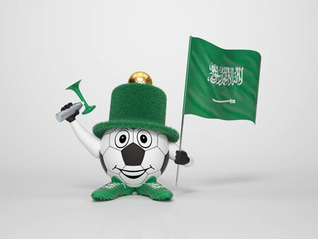 A cute and funny soccer character holding the national flag of Saudi Arabia and a horn dressed in the colors of Saudi Arabia on bright background supporting his teamの写真素材
