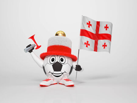 A cute and funny soccer character holding the national flag of Georgia and a horn dressed in the colors of Georgia on bright background supporting his teamの写真素材